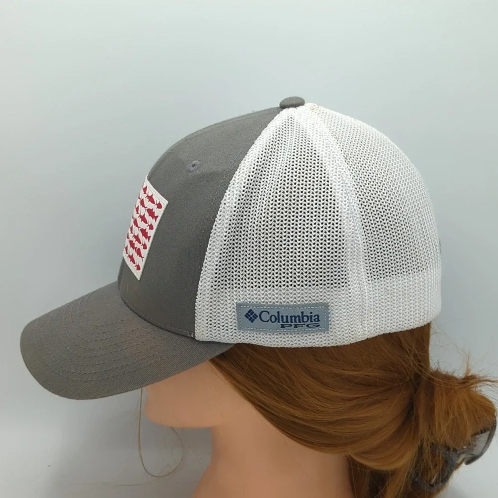 Columbia PFG Fish USA Flag Fitted Flexfit Mesh Back Cap Hat One Size Gray